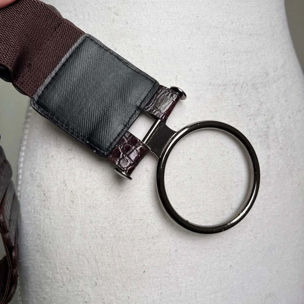 Y2K Wide Elastic Belt Large Brown Faux Croc Silver O-Ring Buckle Chunky Wide Big